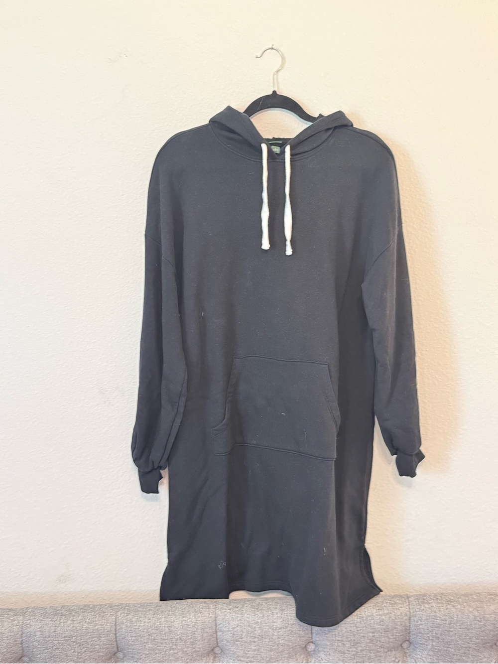 wild fable Black Crewneck Hooded Longline Sweater with White Drawstrings